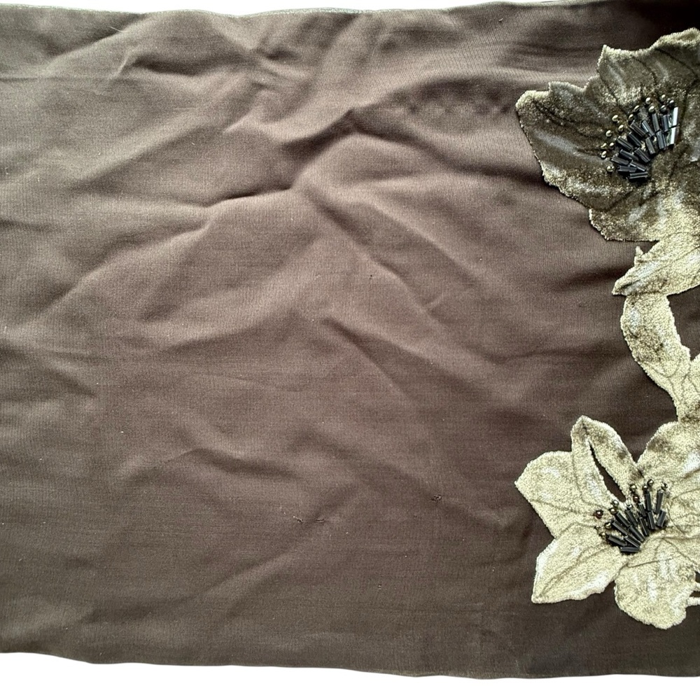 Ellen Tracy Brown Silk Velvet Beaded Floral Embroidered Scarf - Picture 7 of 10